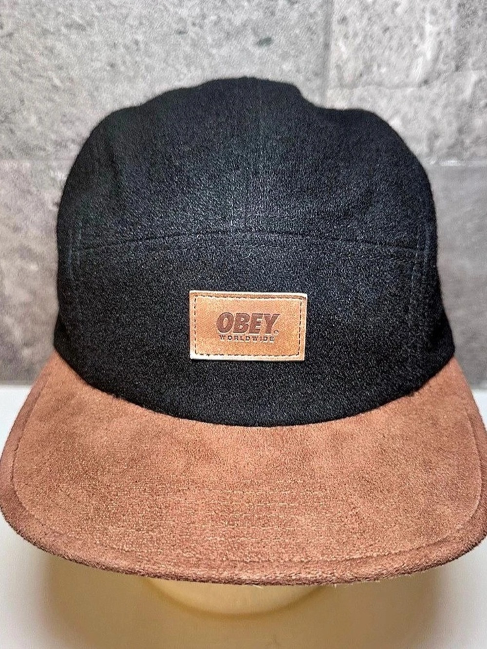 Obey Two-Tone Strapback Camp Cap in Black & Brown - Like New